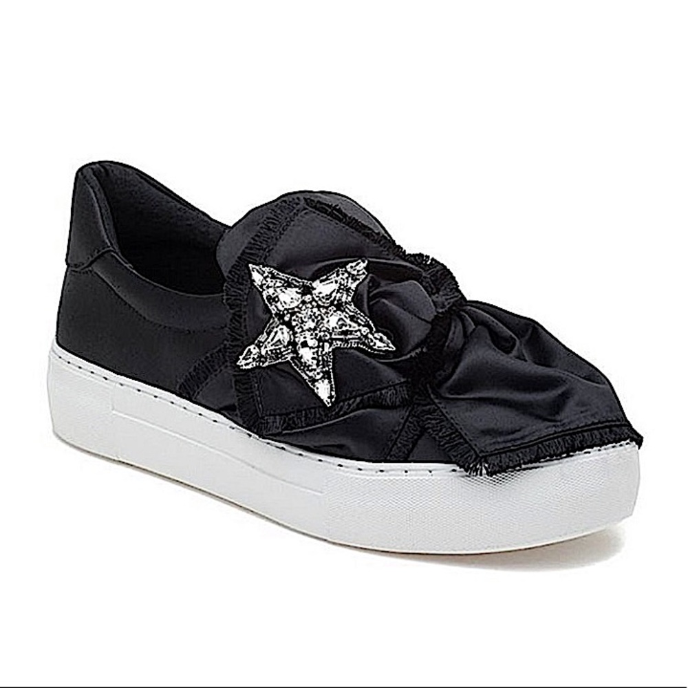J/SLIDES ‘Astor’ Black Satin Slip-Ons SZ 6.5